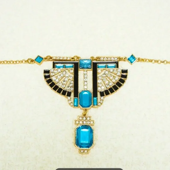 Boho Chic Blue Simulated Gemstones with Rhinestone Accents, Goldtone Necklace - Picture 5 of 7